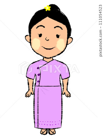 Myanmar woman wearing thanaka and longyi 111054523