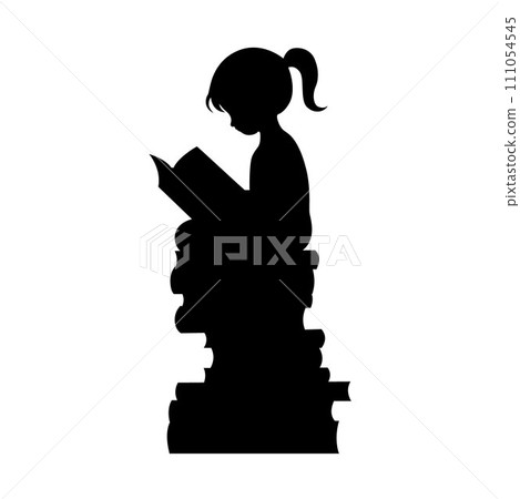 Little girl is reading a book silhouette, love reading, kids reading books, kid sitting on a stack of books 111054545