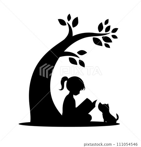 Little girl is reading a book under the tree with a cute dog silhouette, love reading, kids reading books 111054546