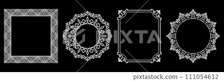 Set of decorative frames Elegant vector element for design in Eastern style, place for text. Floral black and white borders. Lace illustration for invitations and greeting cards. Set of decorative frames Elegant vector element for design in Eastern style, place for text. Floral black and white borders. Lace illustration for invitations and greeting cards. 111054612