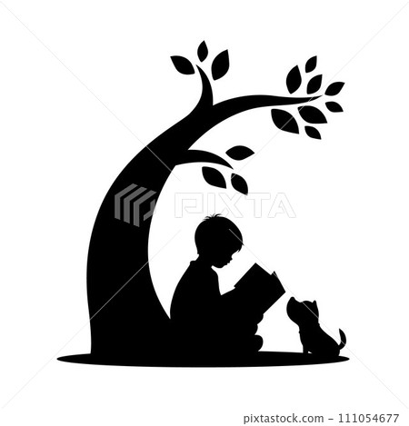 Little boy is reading a book under the tree with a cute dog silhouette, love reading, kids reading books 111054677
