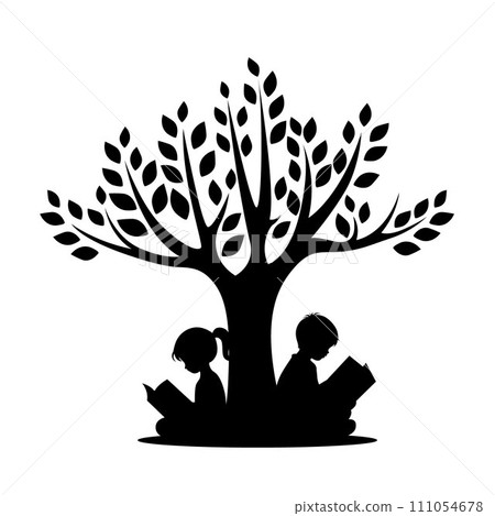Little boy and little girl reading book under the tree silhouette, love reading, kids reading books 111054678
