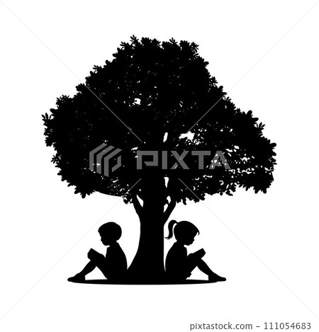 Little boy and little girl reading book under the tree silhouette, love reading, kids reading books 111054683