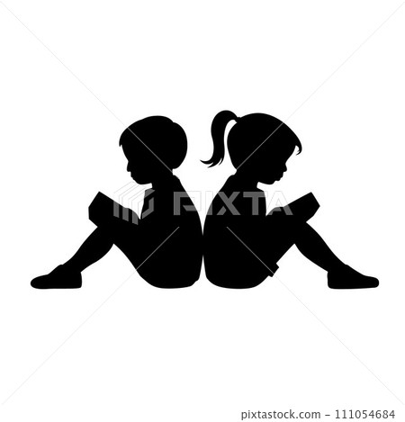Little boy and little girl reading book silhouette, love reading, kids reading books 111054684