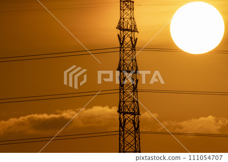 silhouette of high voltage electrical pole structure 111054707