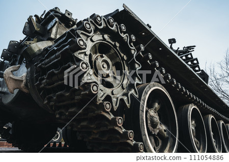 metal old caterpillar track tank of military army metal heavy Soviet tank in close-up 111054886