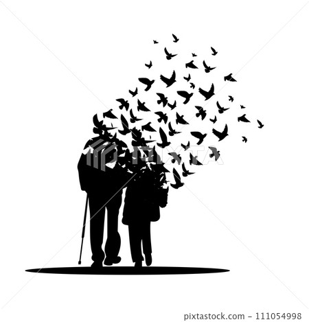 Old couple with birds silhouettes Old couple with birds silhouettes 111054998