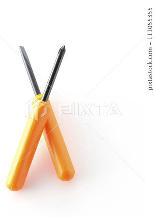 A photo of a Phillips screwdriver and a flathead screwdriver on a white background 111055355
