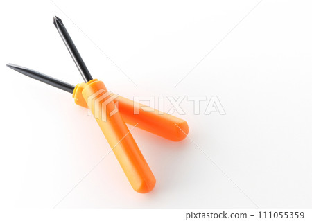 A photo of a Phillips screwdriver and a flathead screwdriver on a white background A photo of a Phillips screwdriver and a flathead screwdriver on a white background 111055359