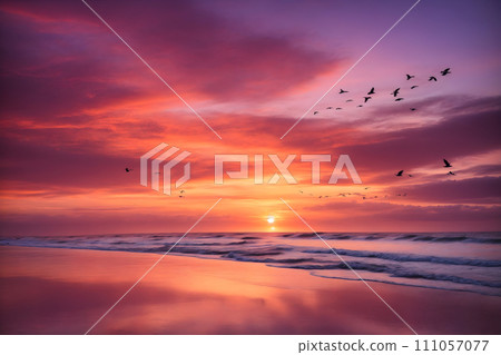 Tranquil Sunset: A Canvas of Orange, Pink, and Purple Over the Calm Ocean 111057077