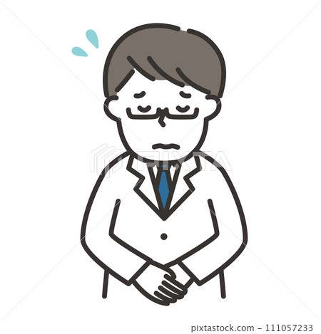 Illustration of a man wearing a white coat apologizing with a troubled face Illustration of a man wearing a white coat apologizing with a troubled face 111057233