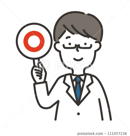 Illustration of a man wearing a white coat putting out a circle tag Illustration of a man wearing a white coat putting out a circle tag 111057236