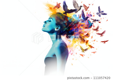 Bold Harmony - Captivating Double Exposure Silhouette of a Beautiful Girl and Vividly Colored Birds Bold Harmony - Captivating Double Exposure Silhouette of a Beautiful Girl and Vividly Colored Birds 111057420