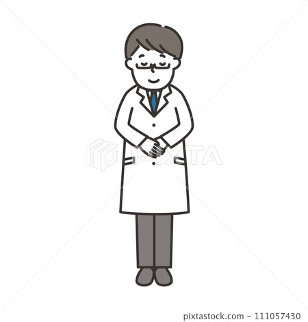 Full body illustration of a man wearing a white coat bowing with a smile Full body illustration of a man wearing a white coat bowing with a smile 111057430