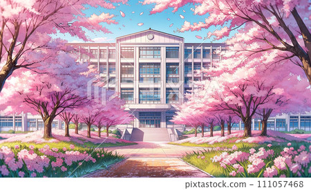 AI generated image Spring school building and cherry blossoms AI generated image Spring school building and cherry blossoms 111057468