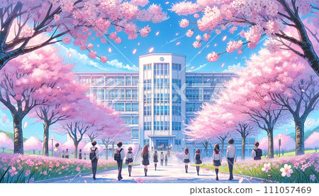 AI generated image Spring school building and cherry blossoms 111057469
