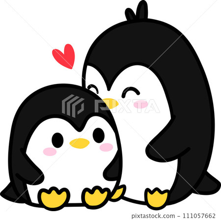 Penguin Couple kissins, Cartoon Illustration of Cute Penguins in Love 111057662