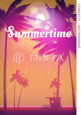 Summertime Retro Poster, sunset. Lifeguard house on the beach Summertime Retro Poster, sunset. Lifeguard house on the beach 111058012