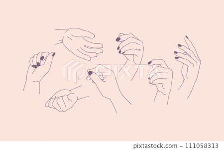 A pair of unequal female hands. A collection of lines and styles. A pair of unequal female hands. A collection of lines and styles. 111058313