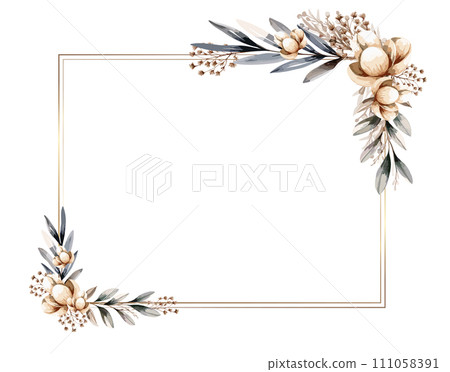 Rectangular frame with chic flowers and golden lines. Vector illustration in watercolor style Rectangular frame with chic flowers and golden lines. Vector illustration in watercolor style 111058391