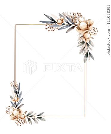 Rectangular frame with chic flowers and golden lines. Vector illustration in watercolor style Rectangular frame with chic flowers and golden lines. Vector illustration in watercolor style 111058392