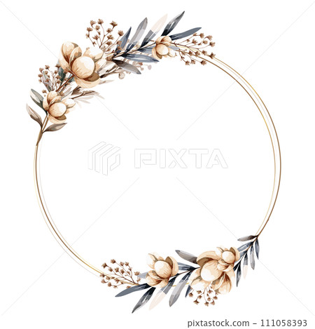 Round frame with chic flowers and golden lines. Vector illustration in watercolor style 111058393