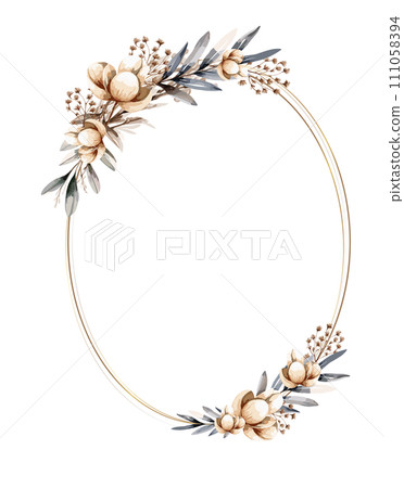 Oval frame with chic flowers and golden lines. Vector illustration in watercolor style 111058394