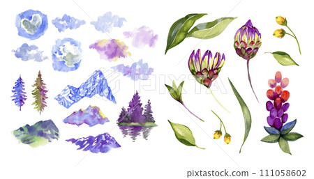 Set of mountains with clouds and flowers, painted in watercolor. Illustration. Suitable for printing stickers, posters, etc. 111058602