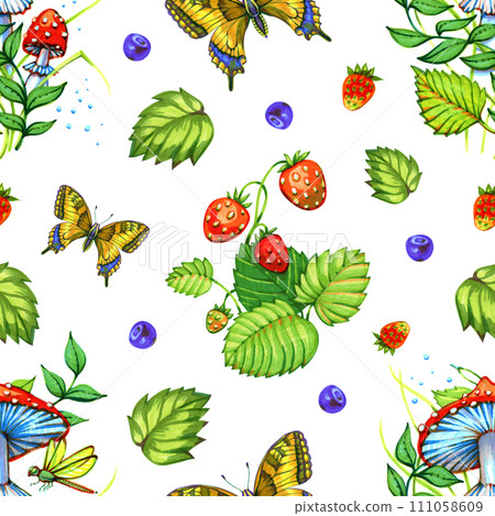 Summer background - seamless pattern with colorful strawberries, mushrooms, bright butterflies. Watercolor 111058609