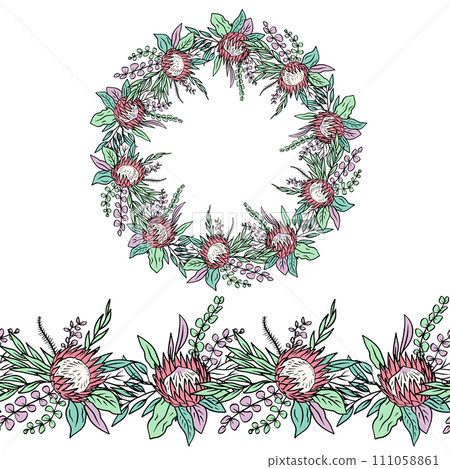 Colorful seamless brush and wreath with tropical protea flowers and eucalyptus 111058861