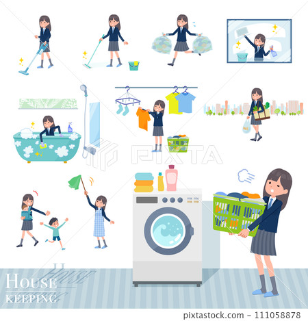 A set of female students in navy blue blazers related to housework such as cleaning and laundry 111058878