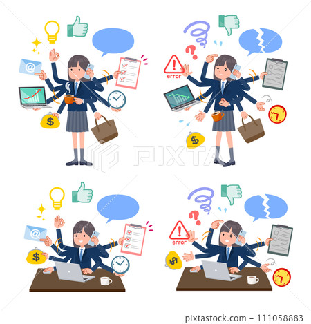 A set of female students in navy blue blazers multitasking in the office 111058883