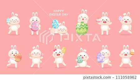 一組可愛俏皮的兔吉祥物或腳色與色彩繽紛的復活節彩蛋,歡樂慶祝節日,向量插圖 111058962