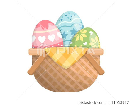 裝有復活節彩蛋的柳條籃子孤立在白色背景中,色彩繽紛的蛋,向量卡通風格 111058967