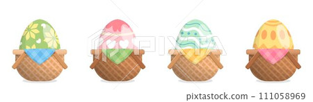 一組裝有復活節彩蛋的柳條籃子孤立在白色背景中,色彩繽紛的蛋,向量卡通風格 111058969