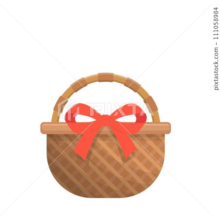 Wicker basket with red decorative ribbon, rustic and picnic with Easter elements, vector cartoon illustration or icon 111058984