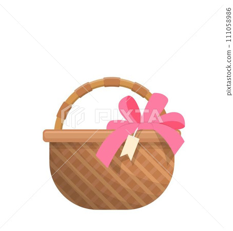 Wicker basket with pink decorative ribbon, rustic and picnic with Easter elements, vector cartoon illustration or icon Wicker basket with pink decorative ribbon, rustic and picnic with Easter elements, vector cartoon illustration or icon 111058986