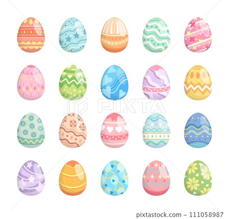 Set of colorful easter eggs isolated on white background, decorative painting with paints and design, vector cartoon style Set of colorful easter eggs isolated on white background, decorative painting with paints and design, vector cartoon style 111058987