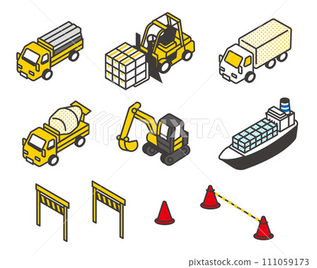 Isometric vector illustration material of working vehicles such as heavy machinery and cargo ships Isometric vector illustration material of working vehicles such as heavy machinery and cargo ships 111059173