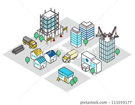 在建建築物和建築街道等距離向量圖素材 在建建築物和建築街道等距離向量圖素材 111059177
