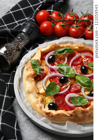 Freshly baked vegetable galette with fresh tomatoes 111059543