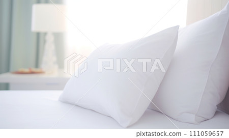 white clean pillow on bed in bedroom. generative AI 111059657