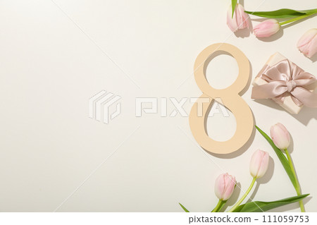 Paper number eight, with fresh tulips and a gift Paper number eight, with fresh tulips and a gift 111059753