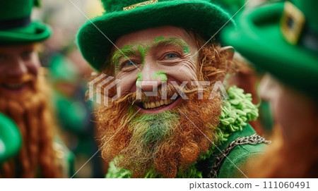 AI-generated content. Senior man at the St. Patrick's Day parade dressed as a leprechaun. Close-up portrait. AI Generated 111060491