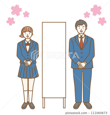 櫻花背景、廣告看板和男女學生 櫻花背景、廣告看板和男女學生 111060673