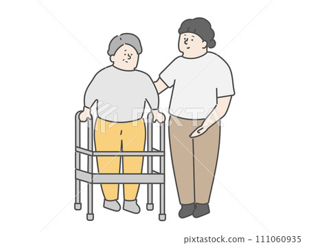 Elderly man and female caregiver using a walker Elderly man and female caregiver using a walker 111060935