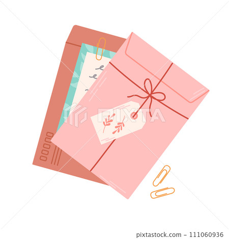Stack of mail. Craft paper envelopes. Delivery, message, communication concept. Isolated vector illustration. Stack of mail. Craft paper envelopes. Delivery, message, communication concept. Isolated vector illustration. 111060936
