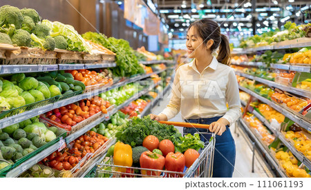 AI image of a woman shopping at a supermarket 111061193