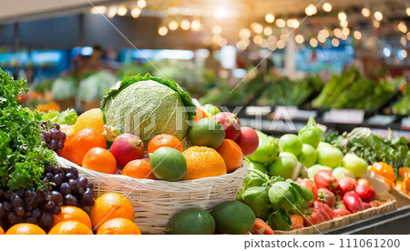 AI image of green and yellow vegetables lined up in the supermarket 111061200