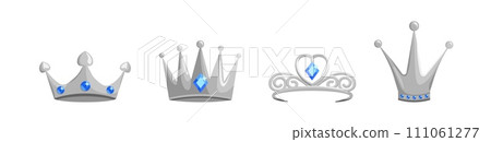 Silver crowns and tiaras set. Blue emerald jewelry for queens and princes Silver crowns and tiaras set. Blue emerald jewelry for queens and princes 111061277